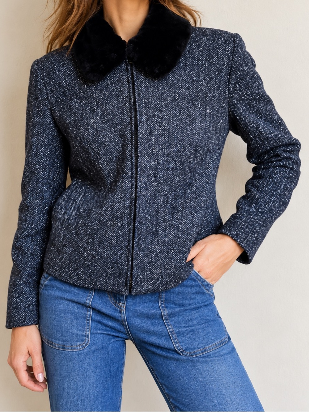Vintage 1990s Talbots Wool Silk Blend Blue Black Tweed Blazer Size 8
